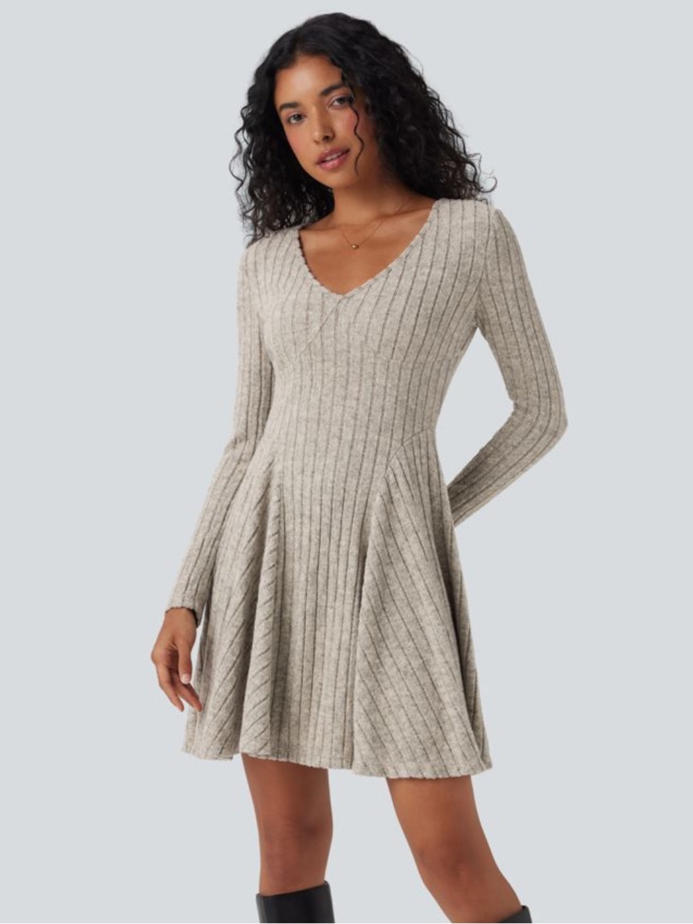 NWT - Halara Ribbed Knit V-Neck Long Sleeve Fit & Flare Mini Dress - Size M